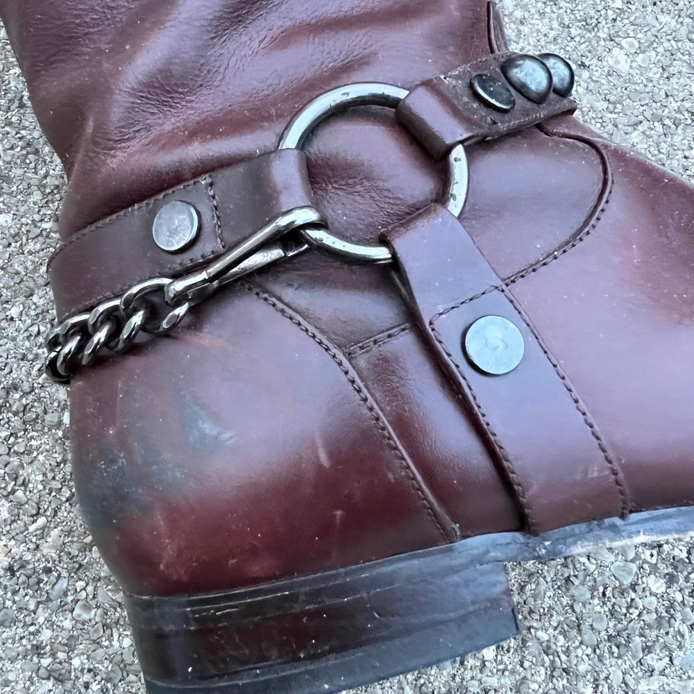 Brown Leather Tall Riding Boots Equestrian Style Size 7.5 Buckle Chain Old Money - Picture 9 of 17